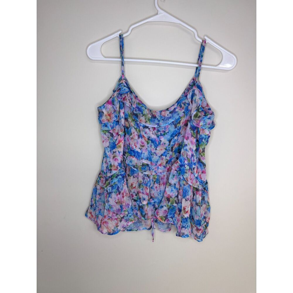 Bar III Floral Ruffle Cami Top Large Blue Pink Tiered Peplum Y2K Romantic